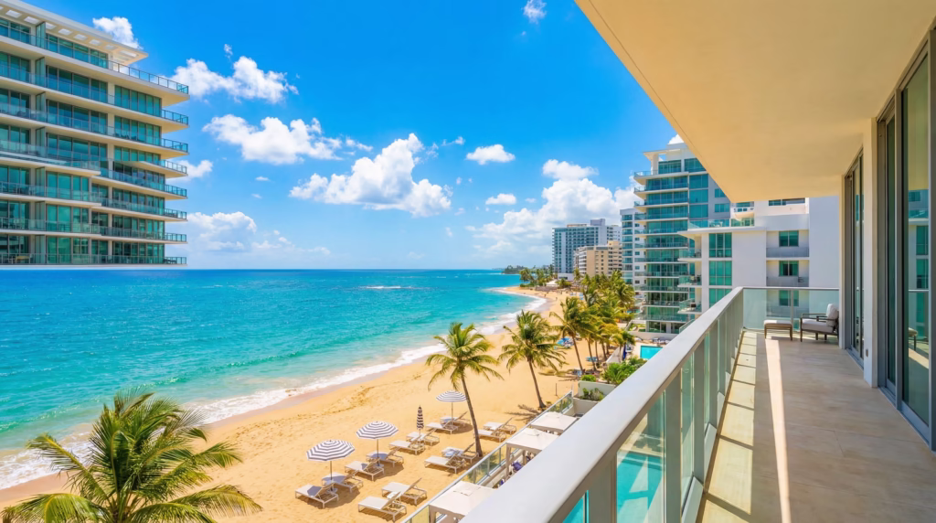Luxury beachfront vacation rental in Condado Puerto Rico with modern interior and ocean views