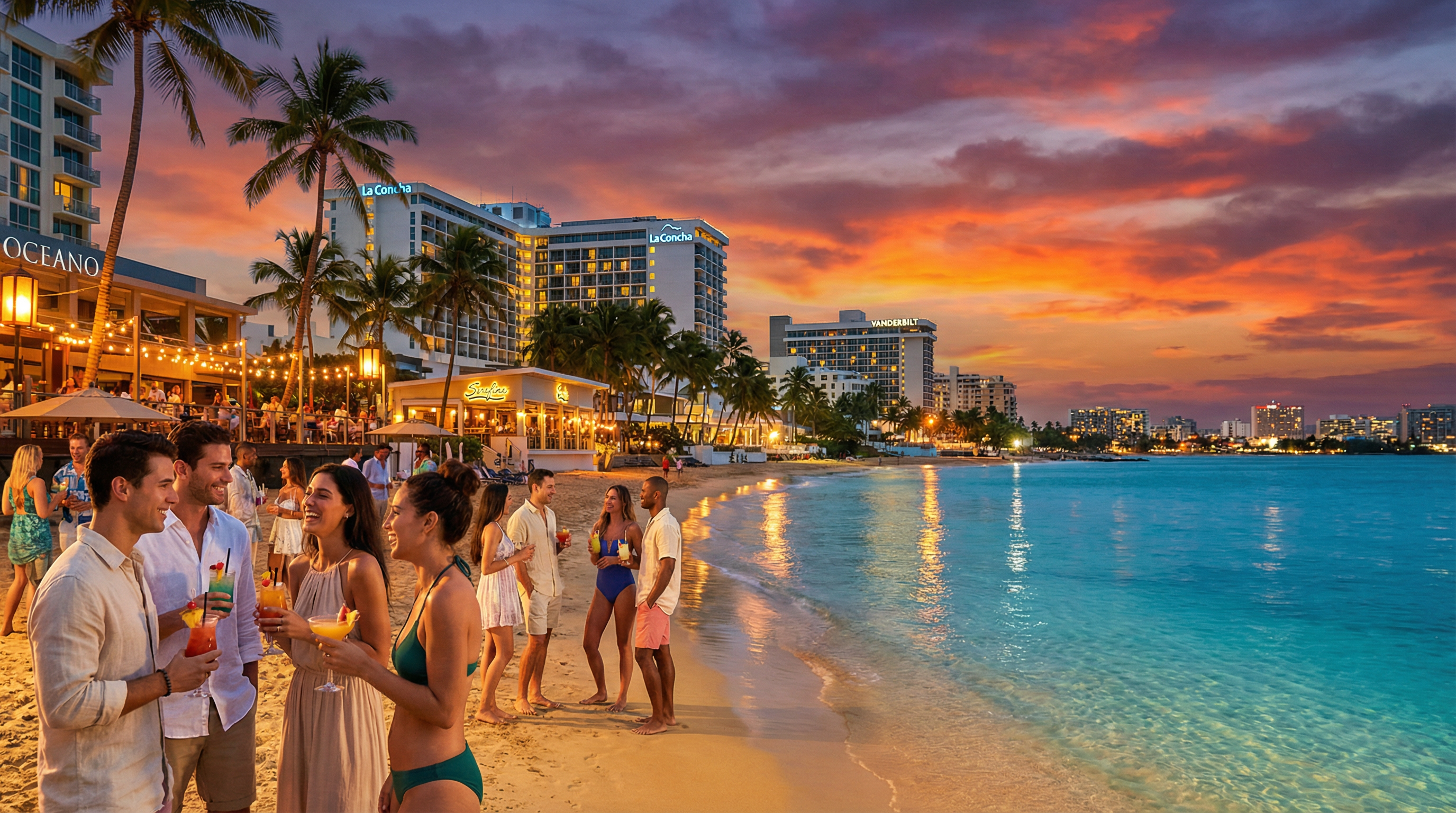 Condado beach Puerto Rico vacation rental area with hotels and beachfront dining at sunset