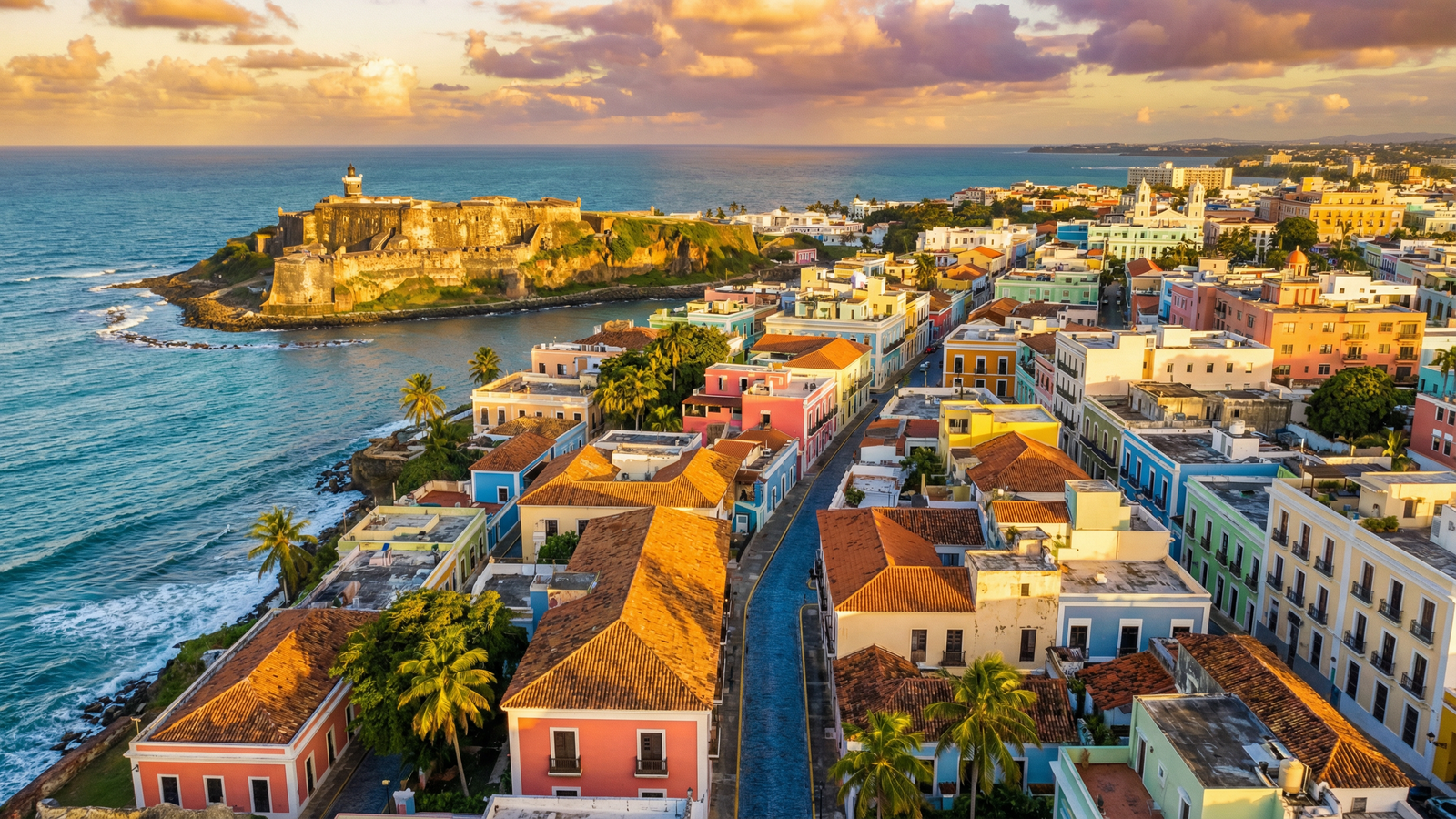 Aerial view of colorful Old San Juan buildings and El Morro fortress at sunset, Puerto Rico Caribbean coast