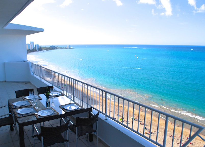 Beautiful balcony view from a Condado beach penthouse in Puerto Rico
