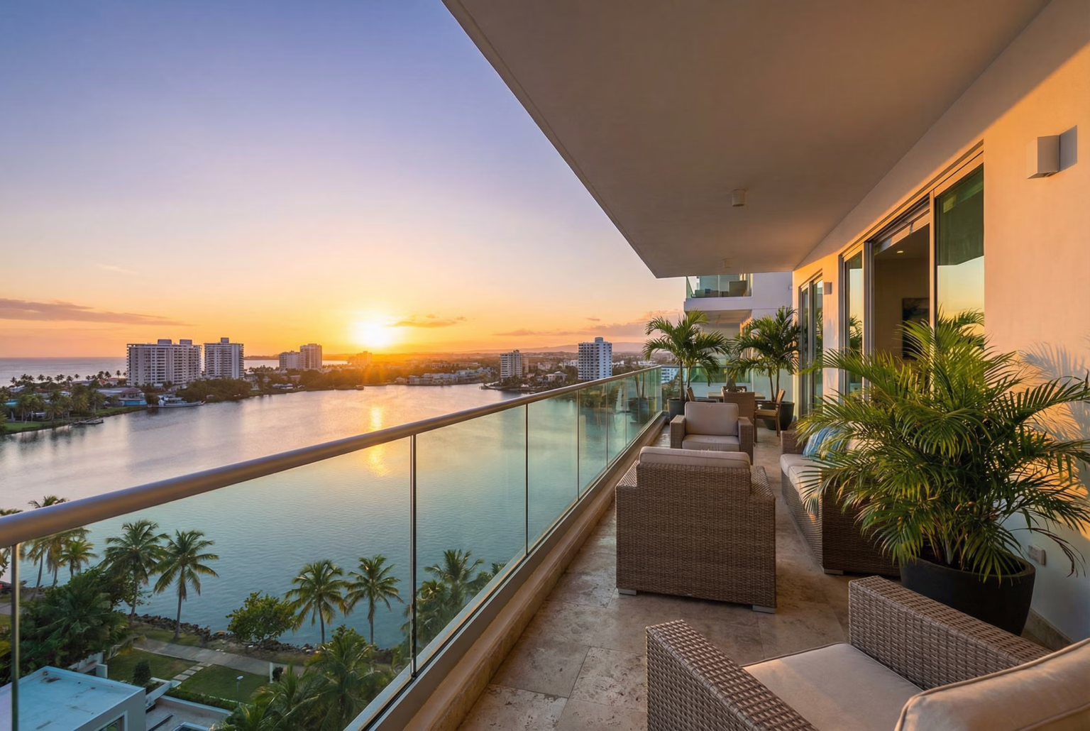 View of the Condado Lagoon at sunset from an apartment balcony