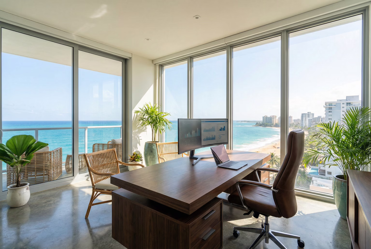 Executive workspace in luxury San Juan apartment with ocean backdrop