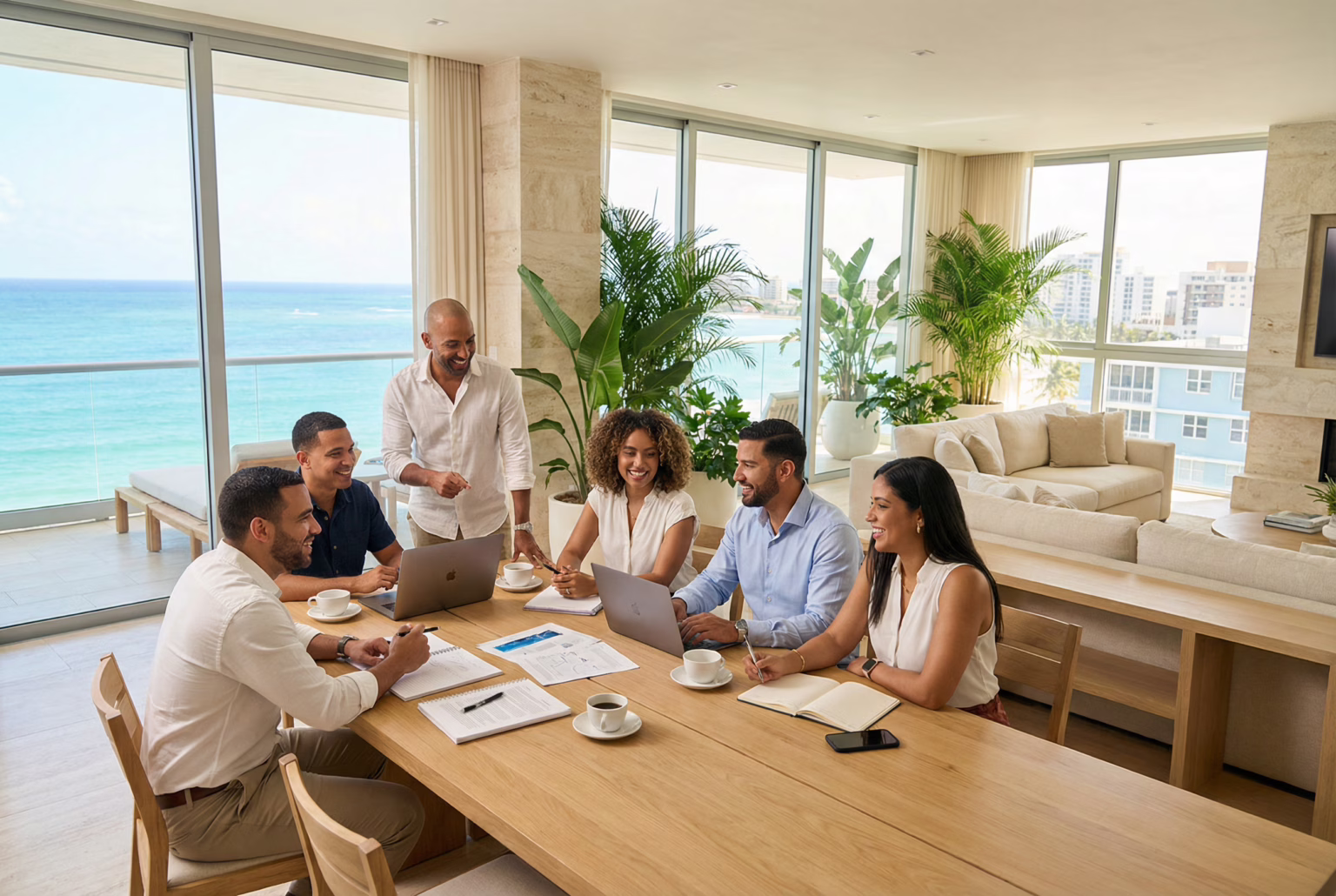 Team of professionals collaborating in bright modern Condado apartment