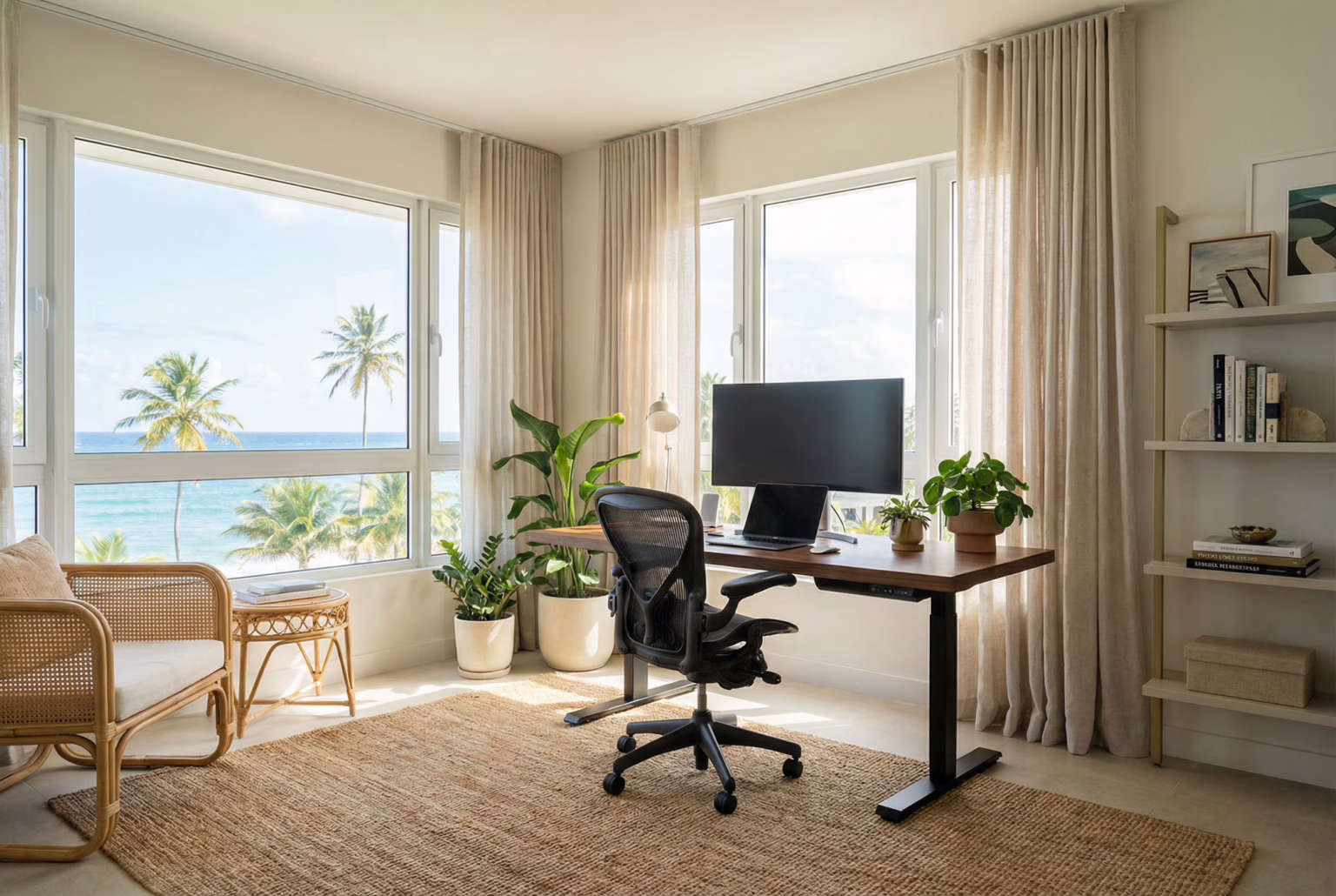 A dedicated workspace with high-speed internet in a Condado month-to-month apartment.