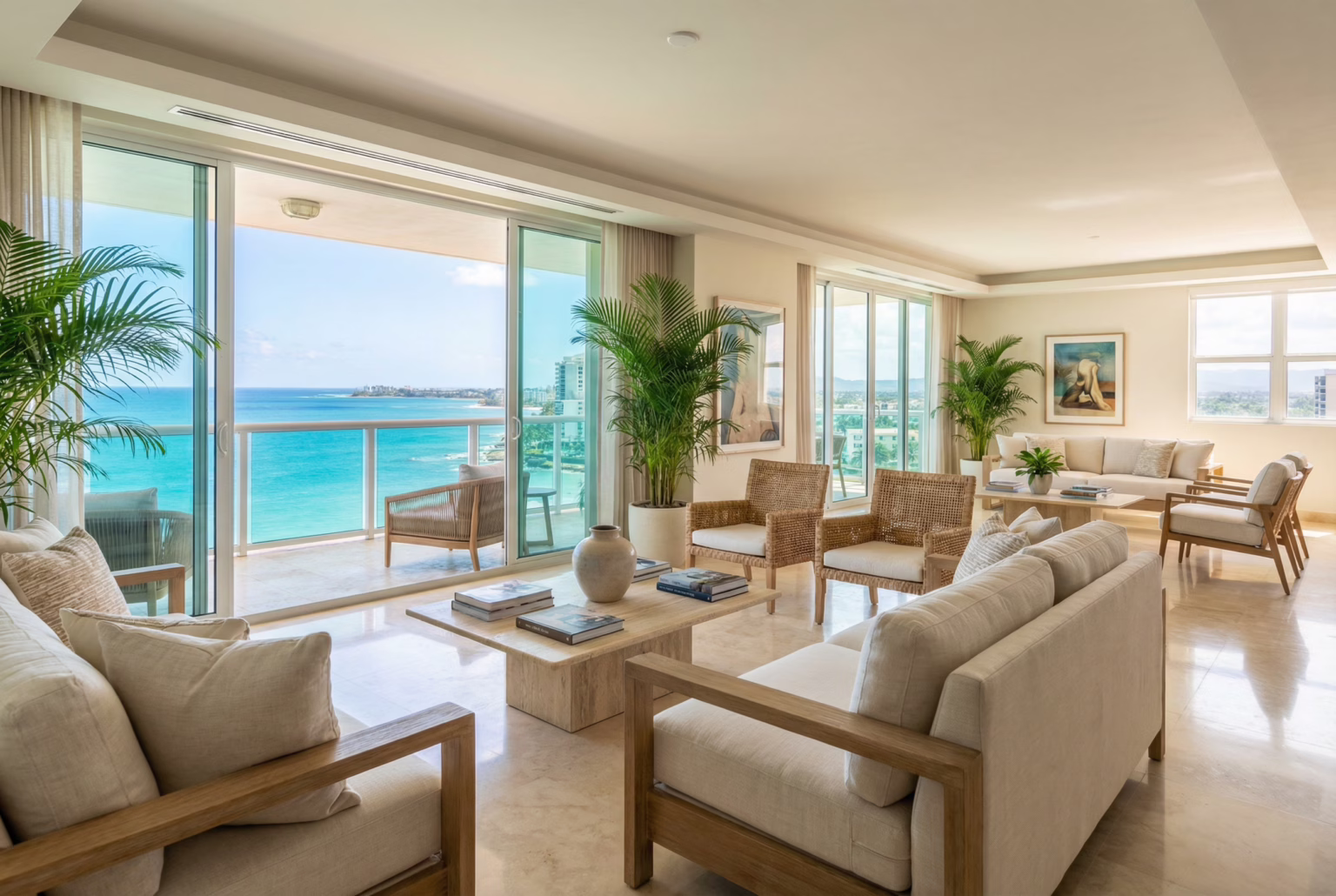 A beautifully furnished living room in a luxury Condado apartment, with ocean views.
