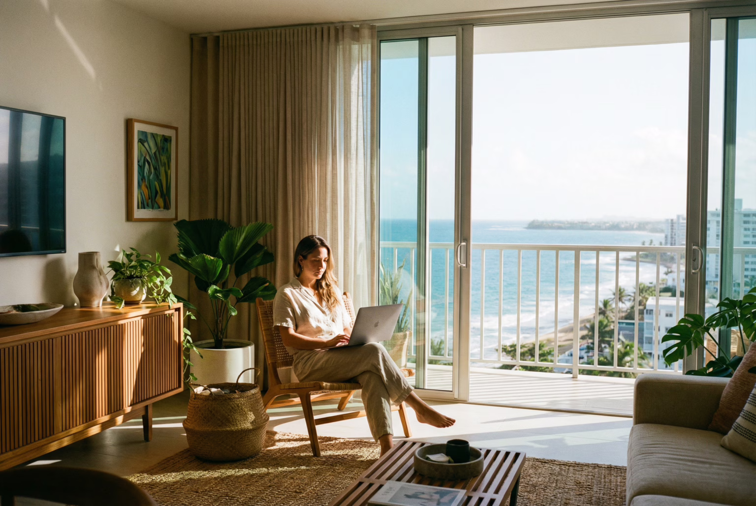A remote worker on a laptop in a stylish Condado apartment with an ocean view.