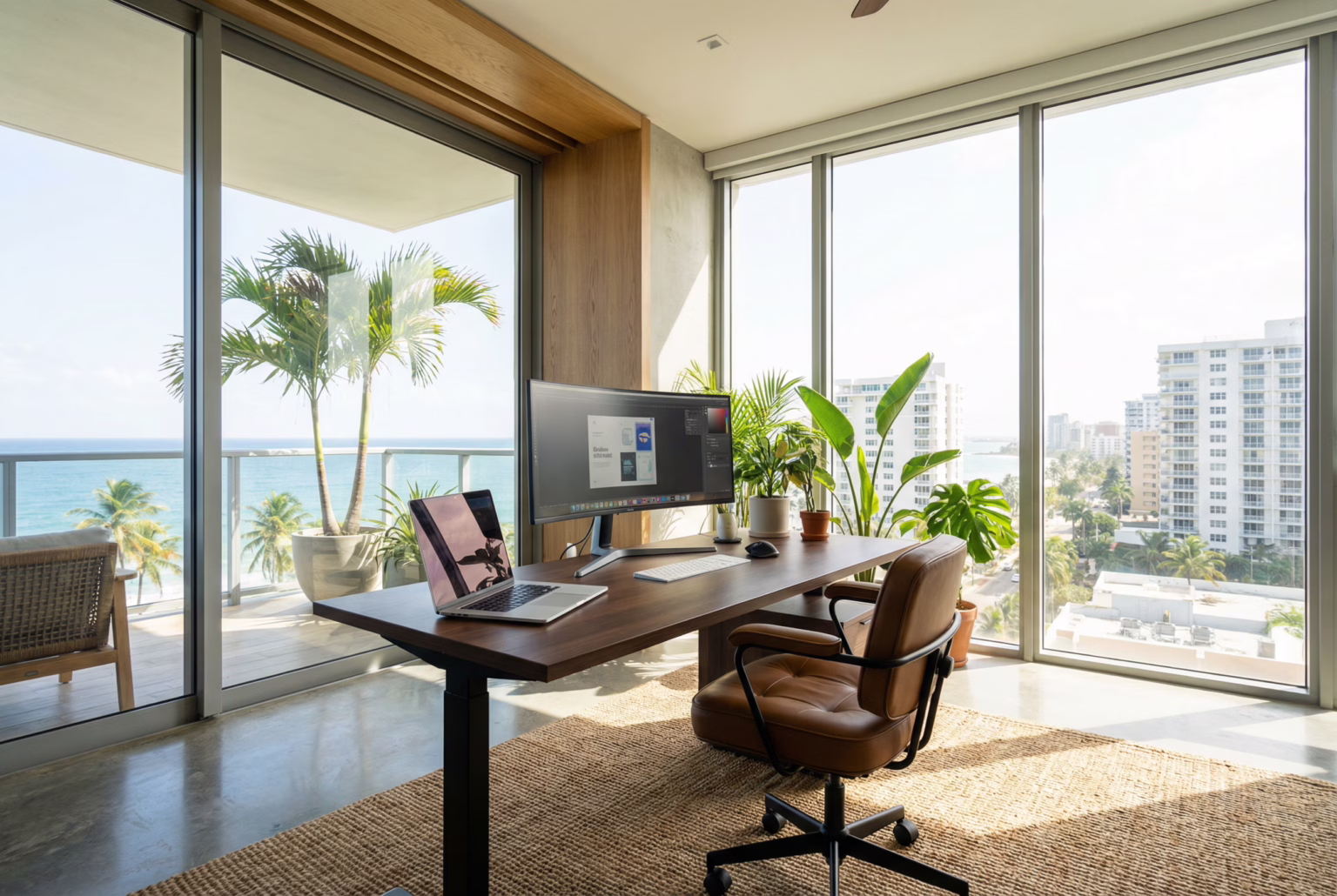 A dedicated workspace with a laptop, monitor, and a view of the Condado skyline.