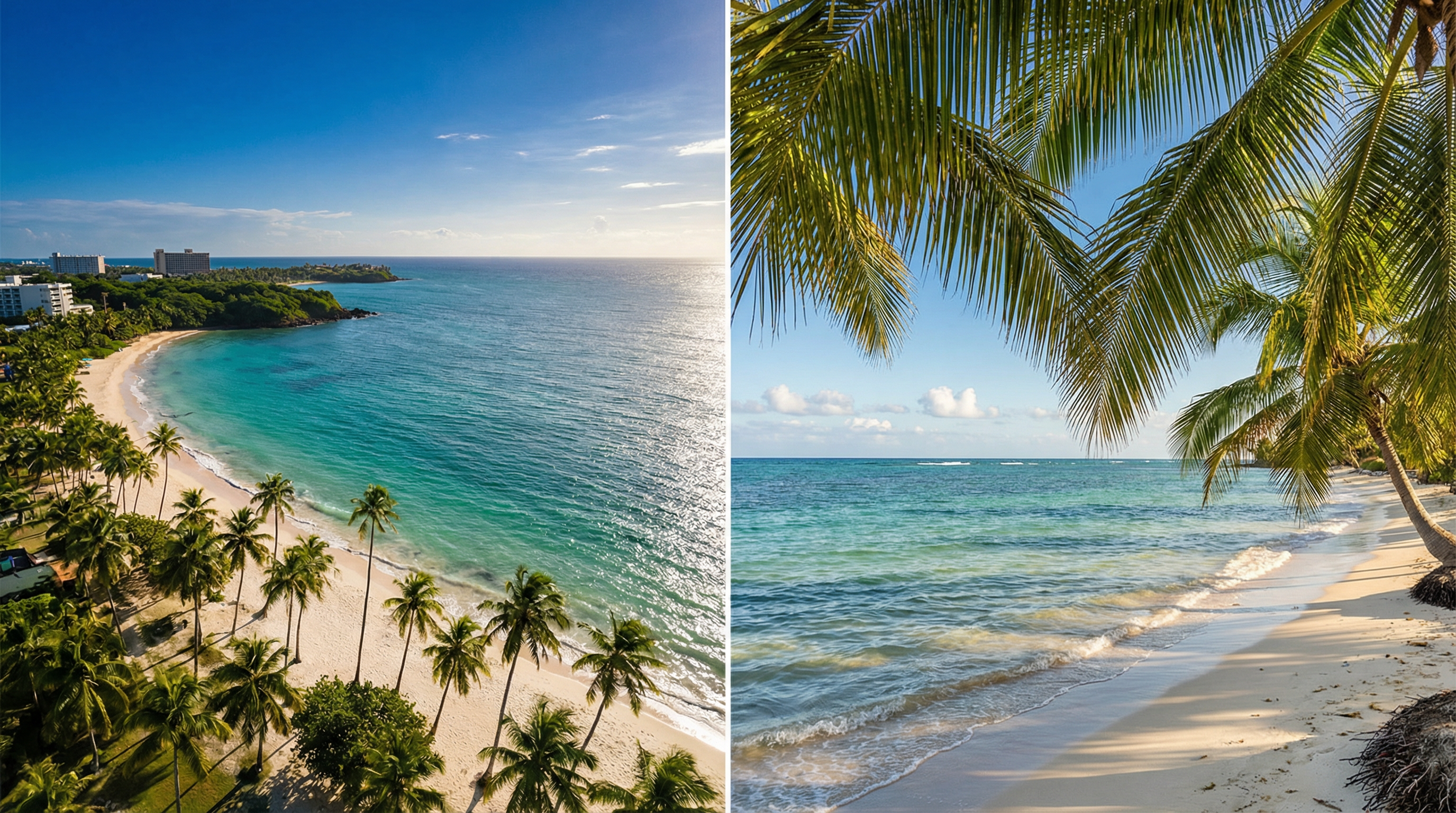 Split view of pristine Caribbean beaches in San Juan Puerto Rico showing turquoise waters and palm trees