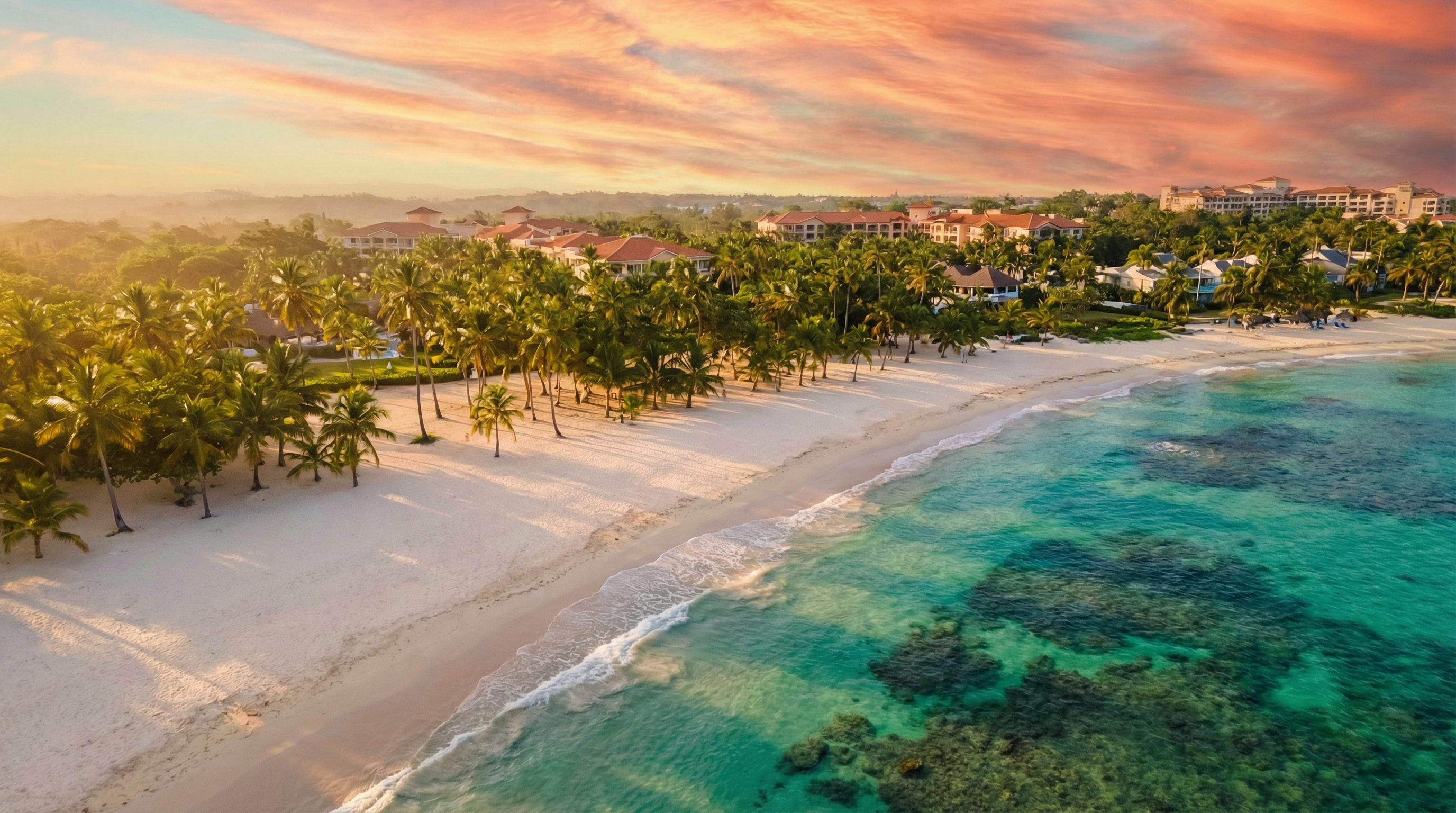 Aerial sunset view of pristine Caribbean beach with turquoise waters, palm trees, and luxury resorts in San Juan, Puerto Rico