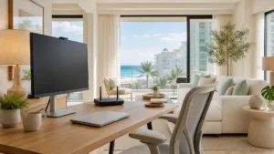 Home office desk with monitor, laptop and router beside an ocean-view living room