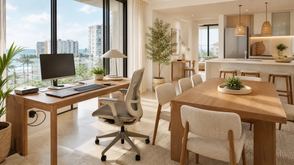 Open-plan Condado apartment with workstation, dining table, kitchen and ocean windows