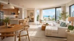 Open living room and kitchen opening to a balcony with a wide ocean view