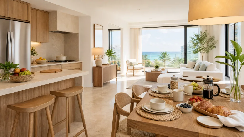 Kitchen island breakfast with coffee press and fruit, ocean-view living room beyond