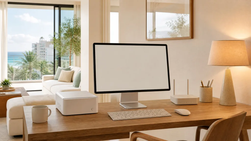 Desk with large monitor and router, sofa and San Juan ocean view behind