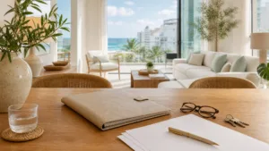 Leather folio, reading glasses and keys on wood in an ocean-view living room