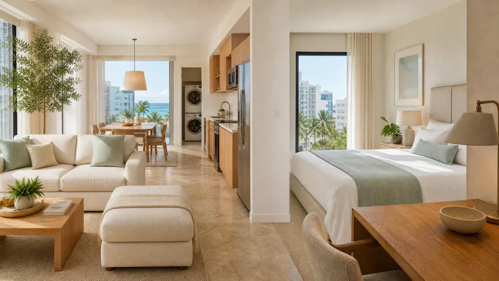 Furnished split view: living area with washer-dryer closet and bedroom desk