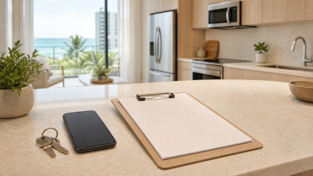 Clipboard checklist, phone and keys arranged on a sunlit kitchen counter