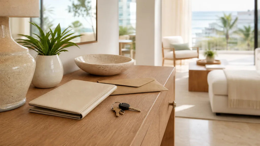 Entry console with wallet, envelope and keys, living room unfolding behind