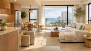 Bright living room with two suitcases by the kitchen and ocean-view balcony