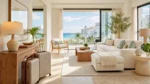 Living room with two suitcases by the console and an ocean-view balcony
