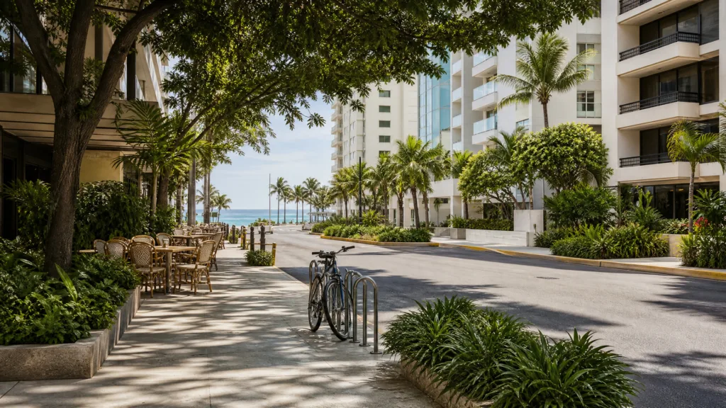 Tree-lined San Juan street with cafe seating, a parked bike and ocean beyond