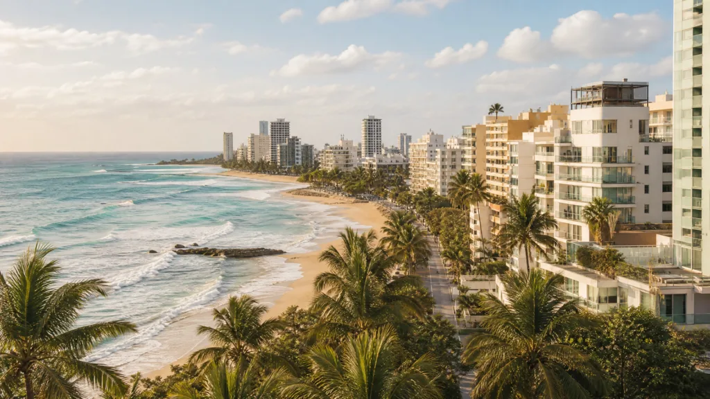 Aerial of Condado beachfront high-rises and golden sand at golden hour