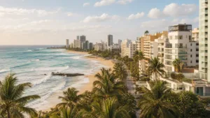 Aerial of Condado beachfront high-rises and golden sand at golden hour