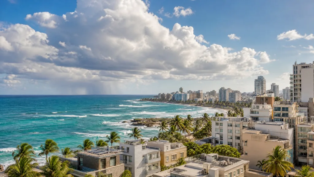 Aerial Puerto Rico coastline with clouds over turquoise water and condos