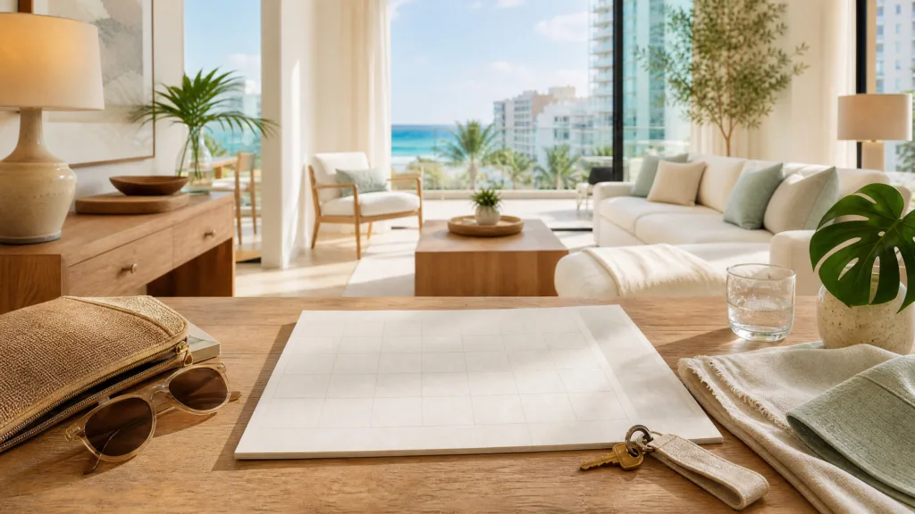 Blank planning calendar, sunglasses and key fob on a table with ocean light