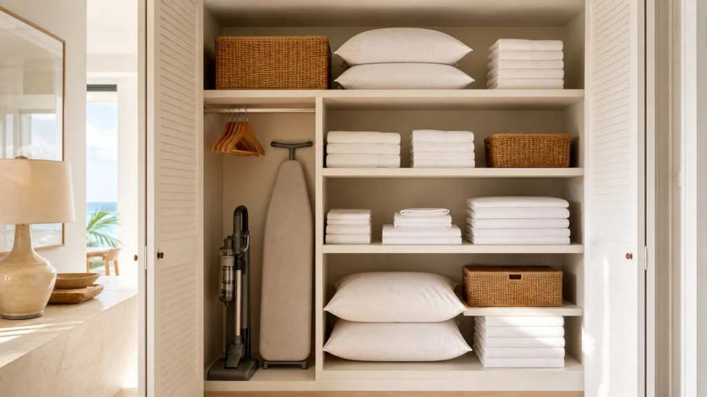 Organized linen closet with towels, pillows, vacuum and ironing board