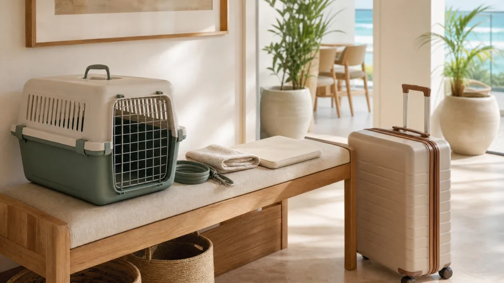 Pet carrier, leash and folded towel on a bench beside a rolling suitcase