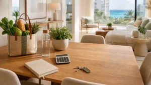 Grocery tote with produce, calculator and notebook on the dining table