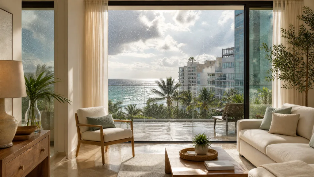 Rain drifting over the ocean through floor-to-ceiling living room windows