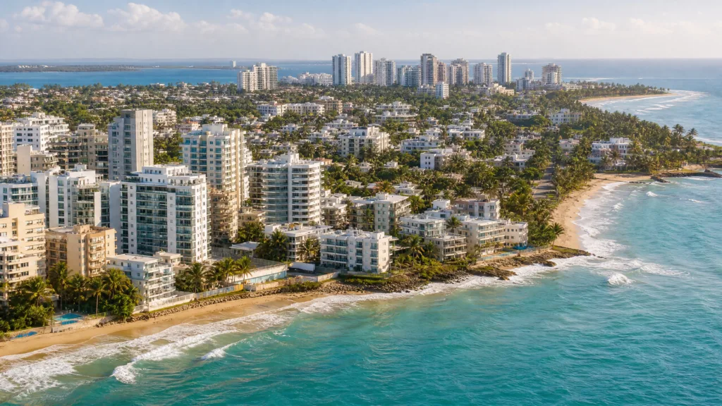 Aerial of Ocean Park and Condado coastline, beachfront condos and reef