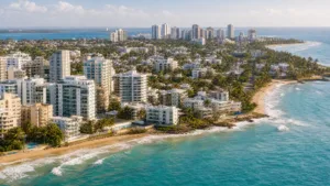 Aerial of Ocean Park and Condado coastline, beachfront condos and reef