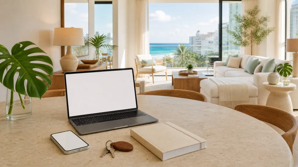 Open laptop, phone and keys on a round stone table in an ocean-view room