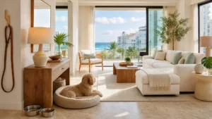 Golden doodle resting on a pet bed in a bright living room with bowls