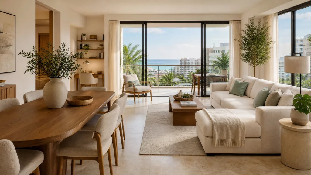 Dining and living room with olive tree, neutral sofa and ocean-view balcony