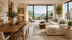 Dining and living room with olive tree, neutral sofa and ocean-view balcony