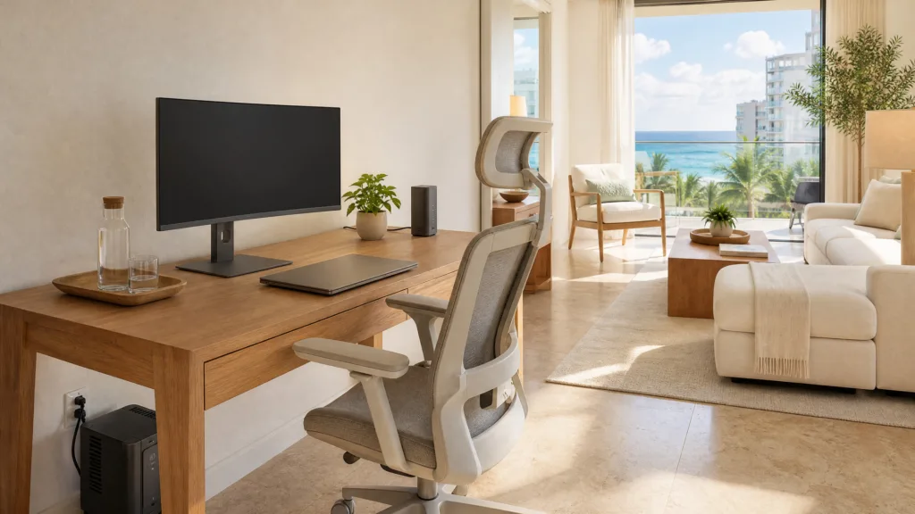 Home office with monitor, ergonomic chair and backup power, ocean terrace behind