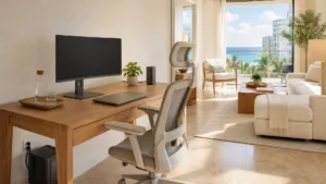 Home office with monitor, ergonomic chair and backup power, ocean terrace behind