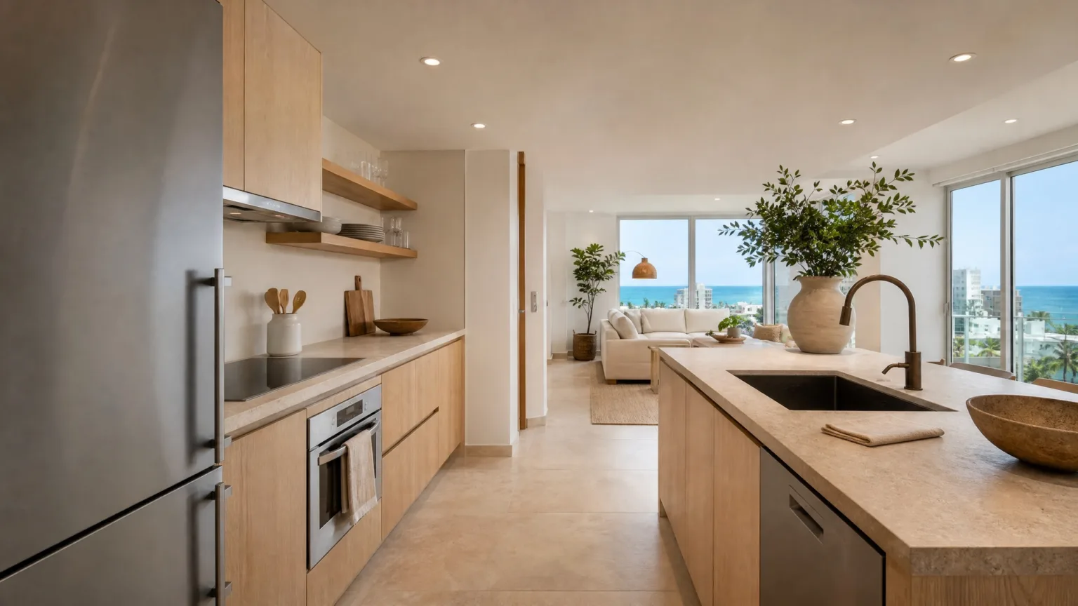 A well-equipped kitchen in a Condado furnished apartment